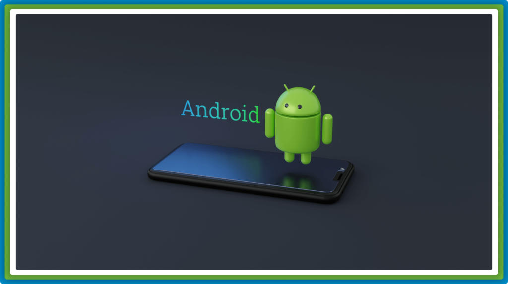 3D Android robot stands on a smartphone, "Android" text.