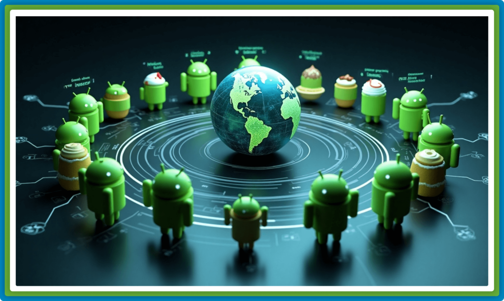 Android figurines circle a globe on a circuit background.