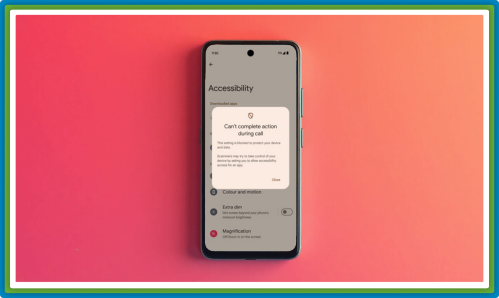 
Smartphone showing an "Accessibility" screen with a popup.