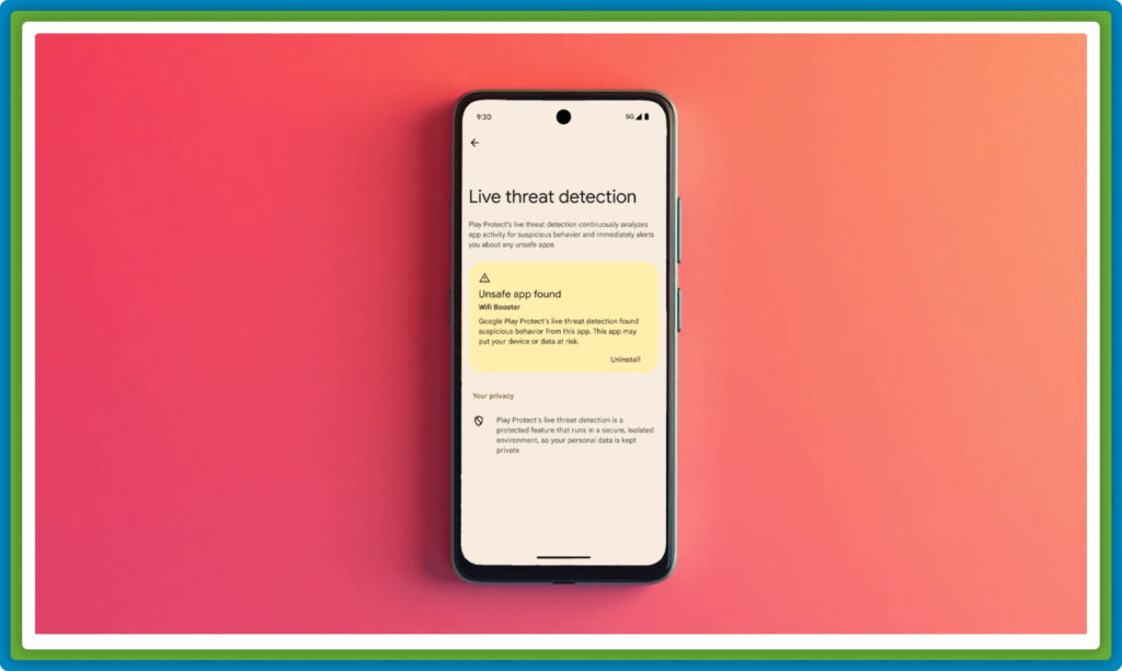 Smartphone shows Google Play Protect "Unsafe app found" warning.