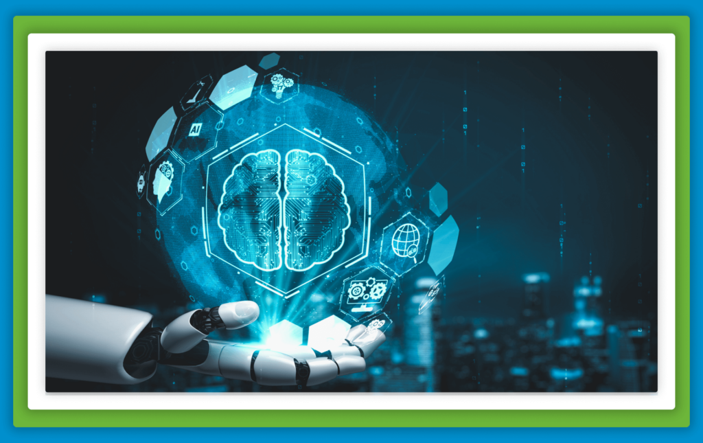 AI brain and technology icons in a robotic hand.