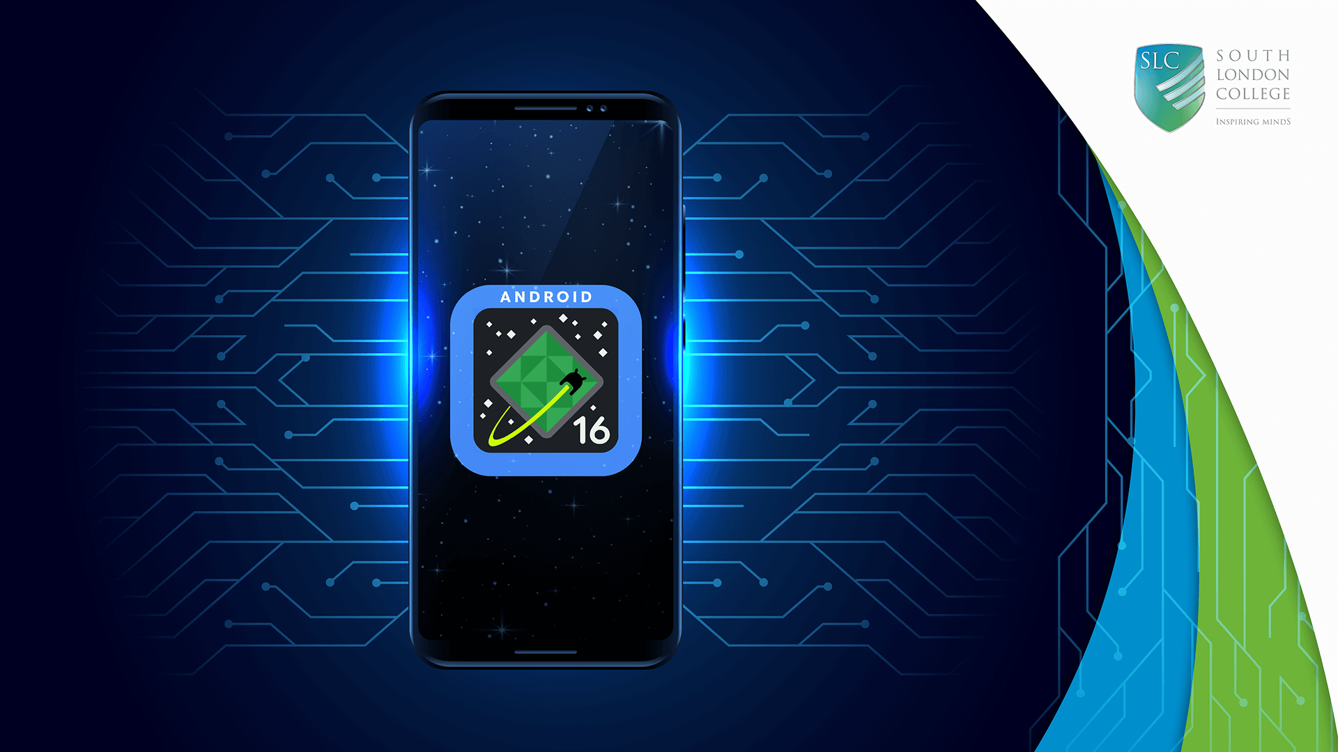 Android 16 logo on a smartphone with a circuit background.