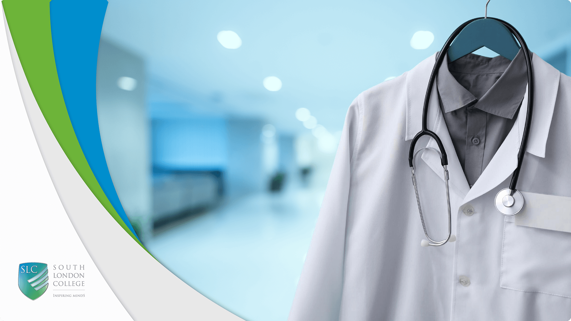 Doctor's white coat and stethoscope in a hospital.
