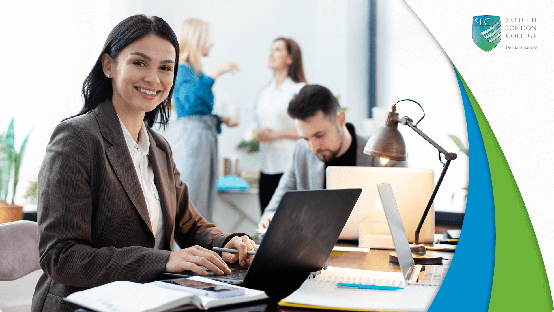 A smiling woman in brown blazer types on laptop. Man works on laptop, two women talk. South London College logo.