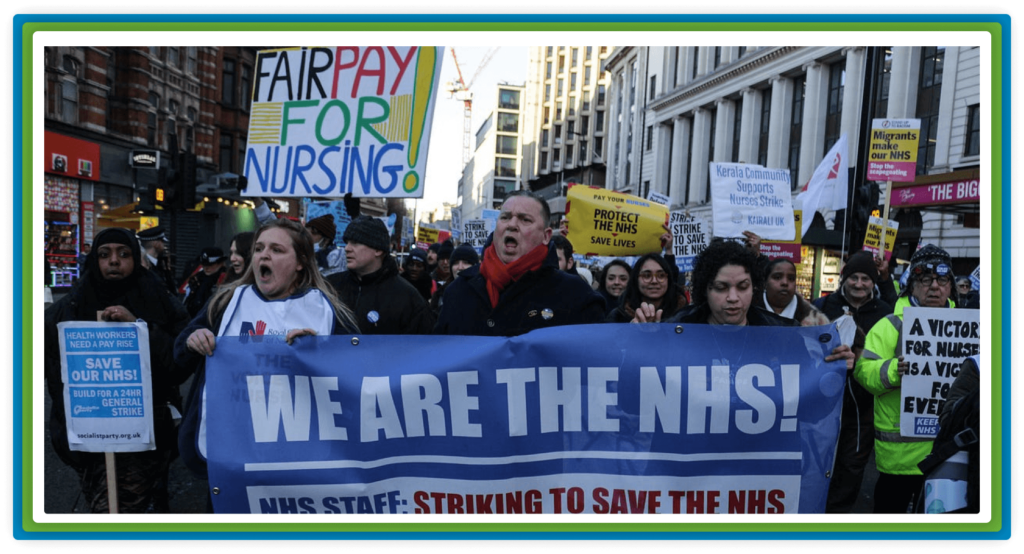 A large protest for "FAIR PAY FOR NURSING" and "WE ARE THE NHS!".
