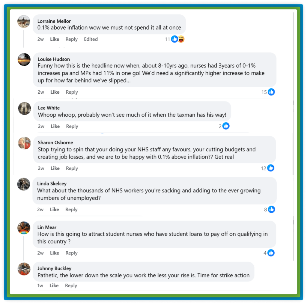 Critical social media comments on NHS pay rise and job cuts.