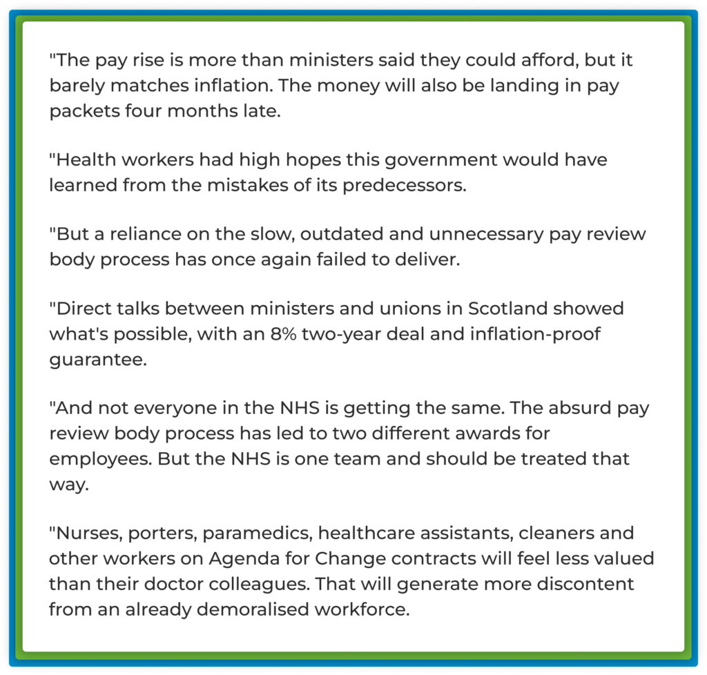 Statements criticizing insufficient NHS pay rise and unfair process.