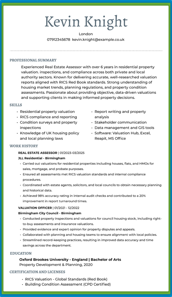 A CV for Kevin Knight, Real Estate Assessor.