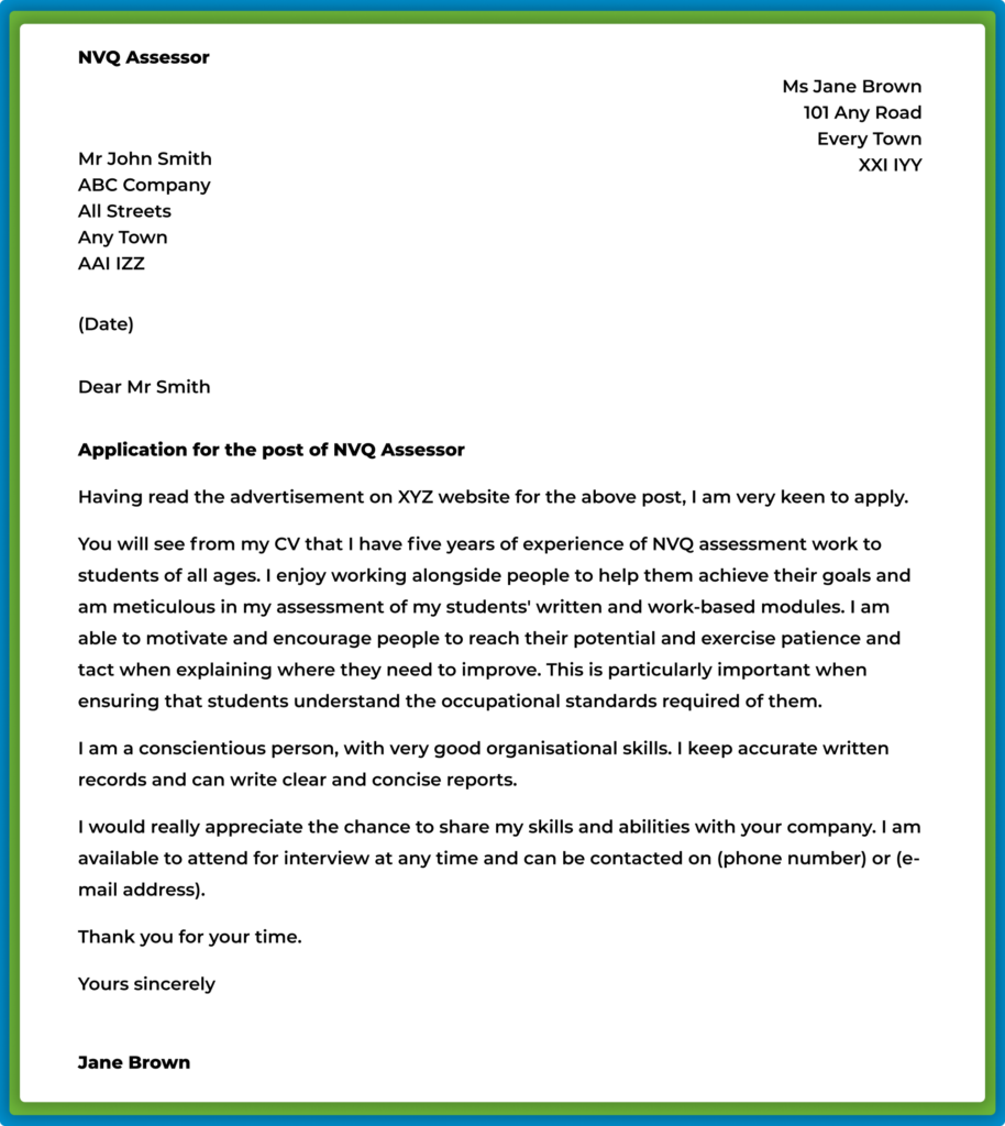 Cover letter from Jane Brown applying for an NVQ Assessor position.