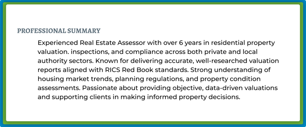PROFESSIONAL SUMMARY: Text about Real Estate Assessor experience.