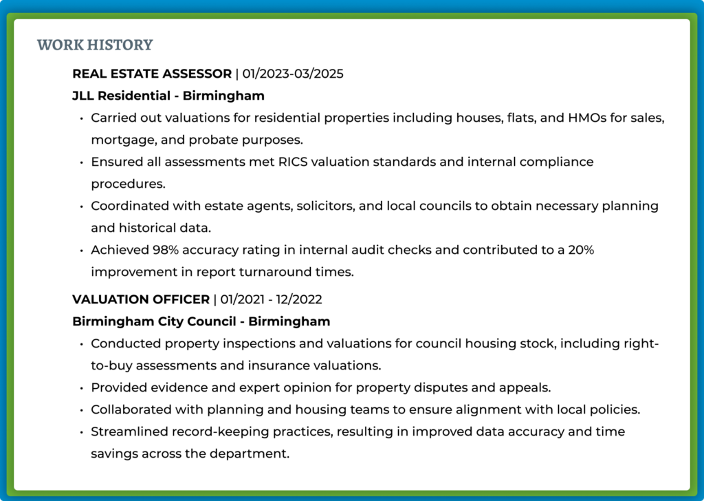 WORK HISTORY: Details on Real Estate Assessor and Valuation Officer roles.